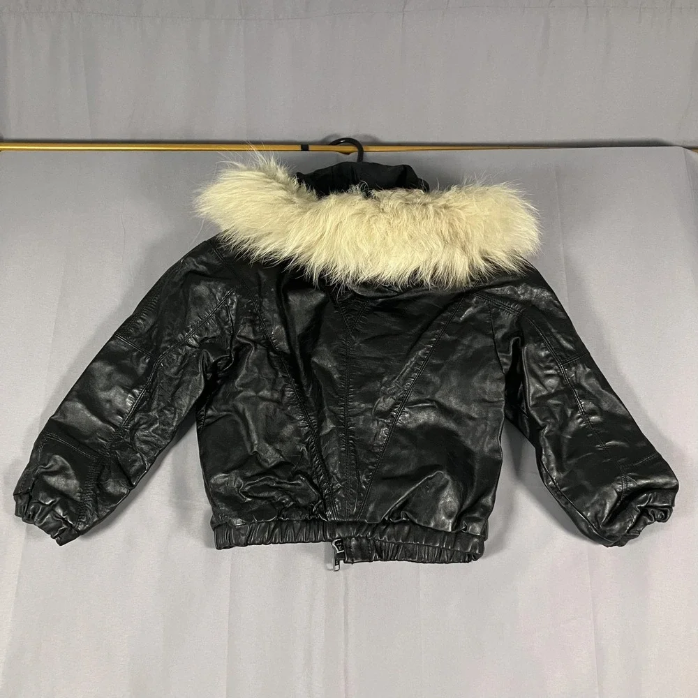 Casablanca Leather Jacket Womens 8 Black Genuine Fur‎ Trim Hooded Crop Bomber